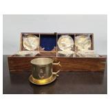 Solid Brass Nautical Set of 4 Cup & Saucer Sets w/Nice Wooden Case