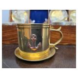 Solid Brass Nautical Set of 4 Cup & Saucer Sets w/Nice Wooden Case