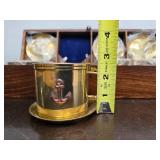 Solid Brass Nautical Set of 4 Cup & Saucer Sets w/Nice Wooden Case