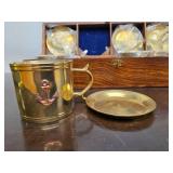 Solid Brass Nautical Set of 4 Cup & Saucer Sets w/Nice Wooden Case