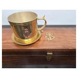 Solid Brass Nautical Set of 4 Cup & Saucer Sets w/Nice Wooden Case