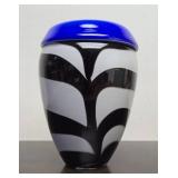 Very Nice Heavy Handblown Art Glass Vase - Black/White/Blue