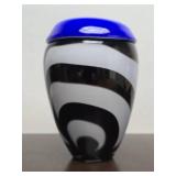 Very Nice Heavy Handblown Art Glass Vase - Black/White/Blue