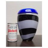 Very Nice Heavy Handblown Art Glass Vase - Black/White/Blue