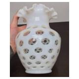 Vintage Fenton White Opalescent Coin Dot Glass Vase
