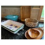 LeCreuset Pot, Decorative Casserole Pan, Vintage Wooden Pineapple tray & Baskets LeCreuset Pot, Decorative Casserole Pan, Vintage Wooden Pineapple tray & Baskets
