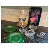 Vintage Lot with Green Depression Plates, Knife Rests, Handpainted Tray, Coffee Warmer, Coocktail Forks Vintage Lot with Green Depression Plates, Knife Rests, Handpainted Tray, Coffee Warmer, Coocktail Forks