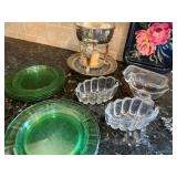 Vintage Lot with Green Depression Plates, Knife Rests, Handpainted Tray, Coffee Warmer, Coocktail Forks Vintage Lot with Green Depression Plates, Knife Rests, Handpainted Tray, Coffee Warmer, Coocktail Forks