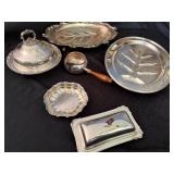 Beautiful Silver-Plated Items with Butter Dish, Trays, Wood Handled Sauce Warmer, Covered Dish Beautiful Silver-Plated Items with Butter Dish, Trays, Wood Handled Sauce Warmer, Covered Dish