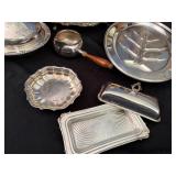 Beautiful Silver-Plated Items with Butter Dish, Trays, Wood Handled Sauce Warmer, Covered Dish Beautiful Silver-Plated Items with Butter Dish, Trays, Wood Handled Sauce Warmer, Covered Dish