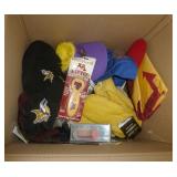 Box of misc hats, gloves, bottle opener, rain poncho