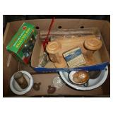 Box of misc vintage/antique items including buttons, marble pill crushing bowl (I also found the handle to smoosh them)