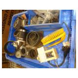 Box of misc tools, level and lamp