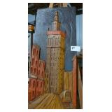David Rouzier Haitian Villagers oil on canvas, and a 3d relief of buildings