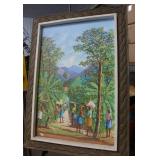 David Rouzier Haitian Villagers oil on canvas, and a 3d relief of buildings