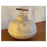 Raku Fired Lidded Vessel with Crackle Glaze and Decorative Handle