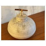 Raku Fired Lidded Vessel with Crackle Glaze and Decorative Handle