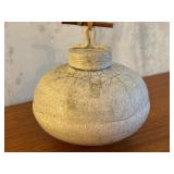 Raku Fired Lidded Vessel with Crackle Glaze and Decorative Handle