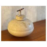 Raku Fired Lidded Vessel with Crackle Glaze and Decorative Handle