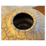 Raku Fired Lidded Vessel with Crackle Glaze and Decorative Handle