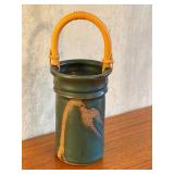 Artisan Crafted Pottery Vessel with Bamboo Handle, Signed