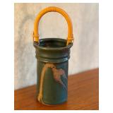 Artisan Crafted Pottery Vessel with Bamboo Handle, Signed