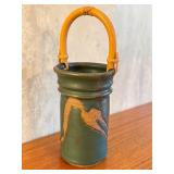 Artisan Crafted Pottery Vessel with Bamboo Handle, Signed