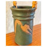 Artisan Crafted Pottery Vessel with Bamboo Handle, Signed
