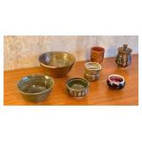 Set of 7 Artisan Pottery Bowls and Cups