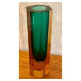 6 Inch Hexagonal Art Glass Vase with Amber and Green