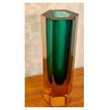 6 Inch Hexagonal Art Glass Vase with Amber and Green