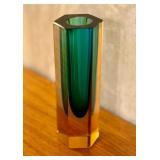 6 Inch Hexagonal Art Glass Vase with Amber and Green