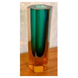6 Inch Hexagonal Art Glass Vase with Amber and Green