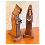Pair of Hand-Carved Wooden Monk Figurines, 10 Inches Tall
