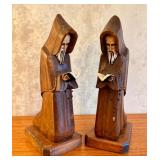 Pair of Hand-Carved Wooden Monk Figurines, 10 Inches Tall