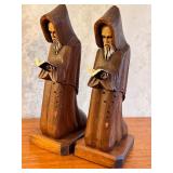 Pair of Hand-Carved Wooden Monk Figurines, 10 Inches Tall