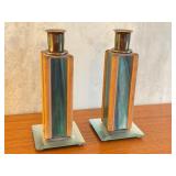 Pair of Mission Style Glass and Wood Candle Holders, 6.5 Inches Tall
