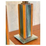 Pair of Mission Style Glass and Wood Candle Holders, 6.5 Inches Tall