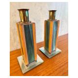Pair of Mission Style Glass and Wood Candle Holders, 6.5 Inches Tall