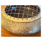 Etched Brass Flower Frog Bowl with Grid, 7 Inch Diameter