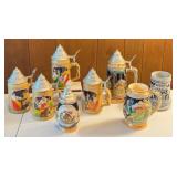 Set of 8 German Beer Steins with Pewter Lids