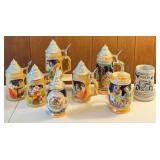 Set of 8 German Beer Steins with Pewter Lids