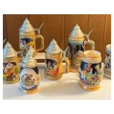 Set of 8 German Beer Steins with Pewter Lids