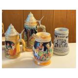 Set of 8 German Beer Steins with Pewter Lids