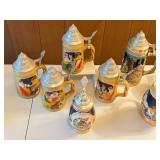 Set of 8 German Beer Steins with Pewter Lids