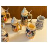 Set of 8 German Beer Steins with Pewter Lids