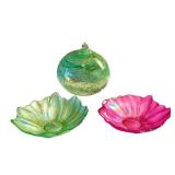 Set of 2 Iridescent Glass Flower Bowls and Decorative Art Glass Sphere