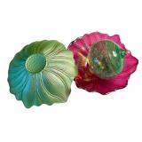 Set of 2 Iridescent Glass Flower Bowls and Decorative Art Glass Sphere