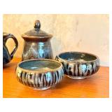 Artisan Pottery Collection with Bowls, Creamer, Sugar Jar, and Tumbler
