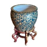 Chinese Gold and Blue Fishbowl Planter with Stand